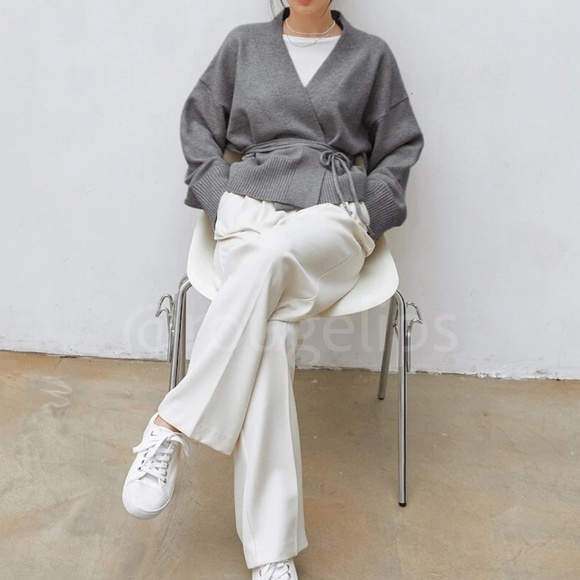 Grey Knit Kimono Sweater Tie Belt Boxy Loose Fit Drop Shoulder Wrap - Picture 4 of 8